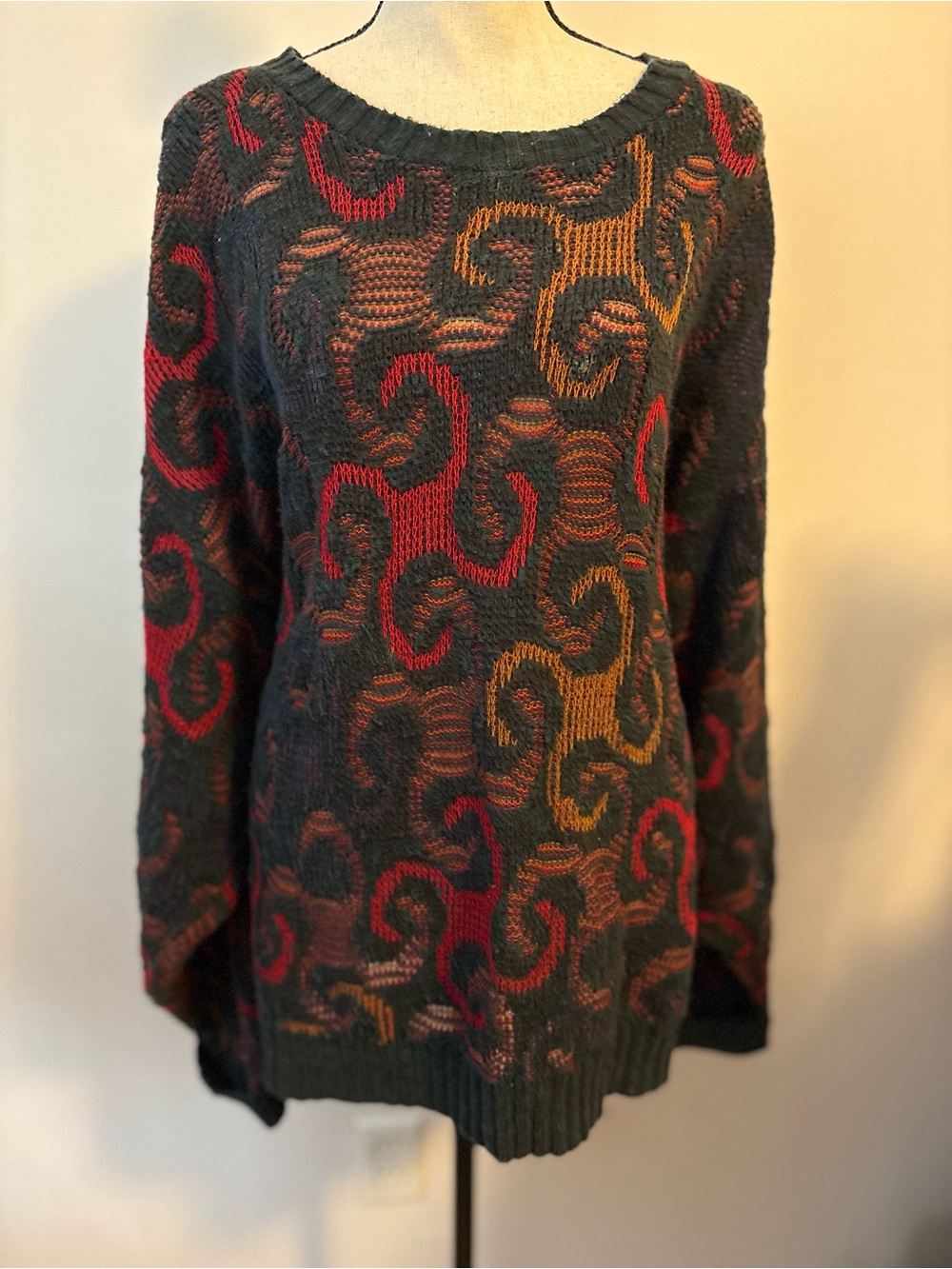 Vintage 80s Golden Pyramid Abstract Swirl Knit Sweater 100% Cotton Large USA